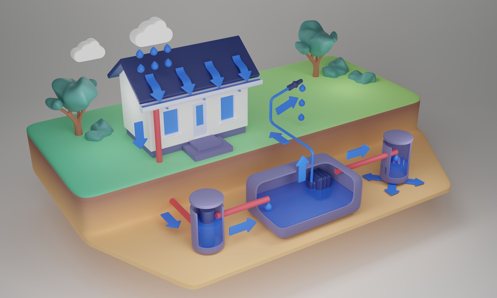 Rainwater harvesting system for water reusage or accumulation 3D illustration